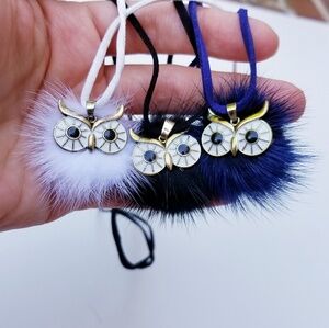 Real Fur Pom Pom Owl Long Necklace Suade